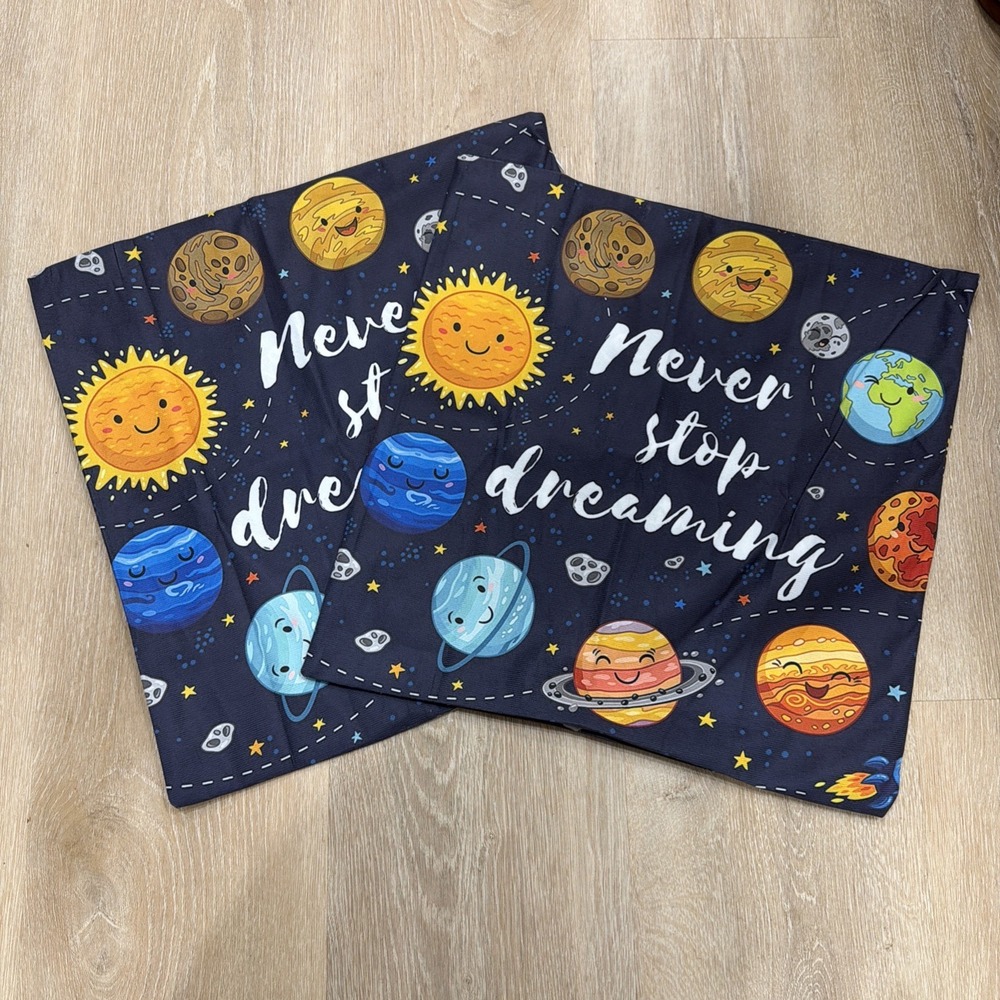 Set of 2 Pillow Covers 18x18 Inches - Planets Solar System "Never Stop Dreaming"